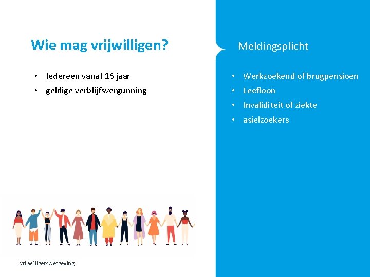 Wie mag vrijwilligen? • Iedereen vanaf 16 jaar • geldige verblijfsvergunning • Meldingsplicht •