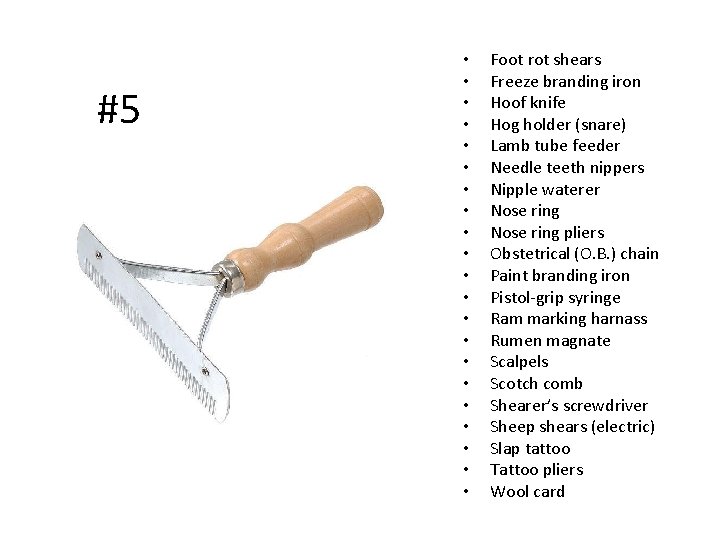 #5 • • • • • • Foot rot shears Freeze branding iron Hoof