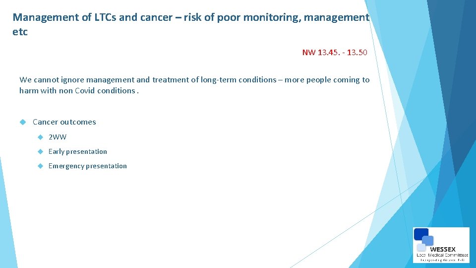 Management of LTCs and cancer – risk of poor monitoring, management etc NW 13.