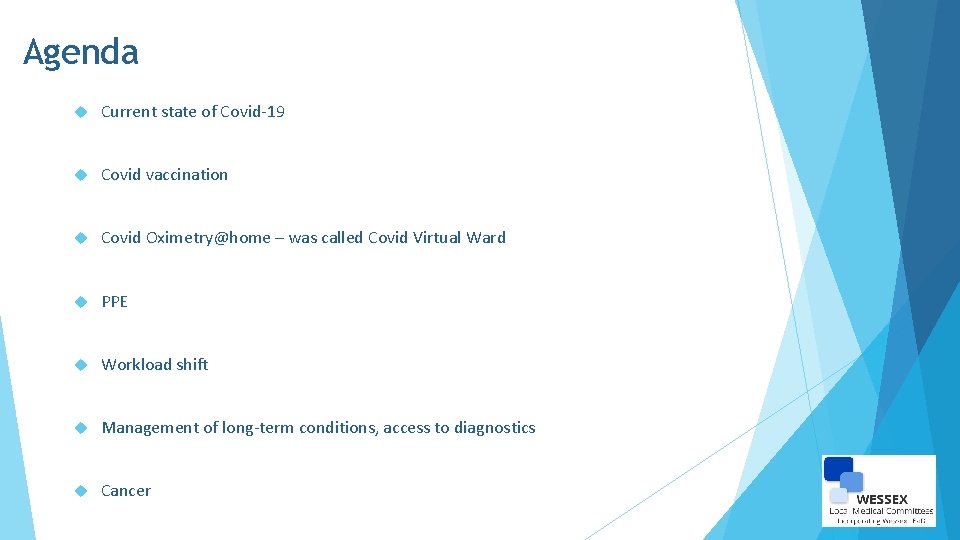 Agenda Current state of Covid-19 Covid vaccination Covid Oximetry@home – was called Covid Virtual