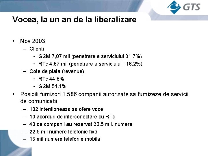 Vocea, la un an de la liberalizare • Nov 2003 – Clienti • GSM