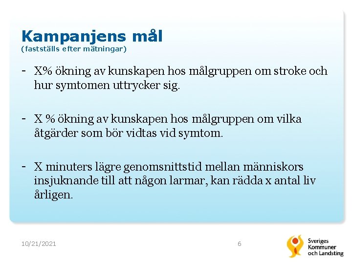 Kampanjens mål (fastställs efter mätningar) - X% ökning av kunskapen hos målgruppen om stroke
