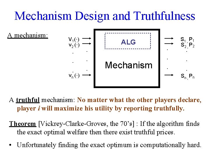 Mechanism Design and Truthfulness A mechanism: V 1(·) v 2 (·) · · ·