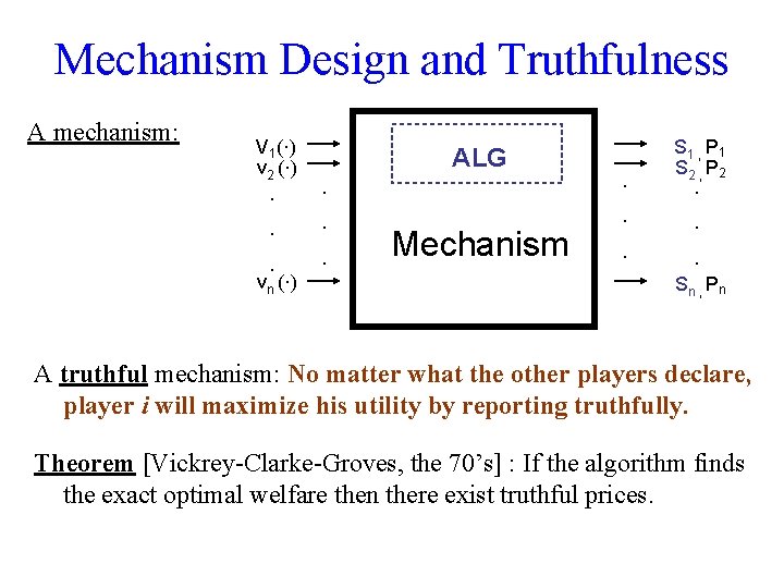 Mechanism Design and Truthfulness A mechanism: V 1(·) v 2 (·) · · ·