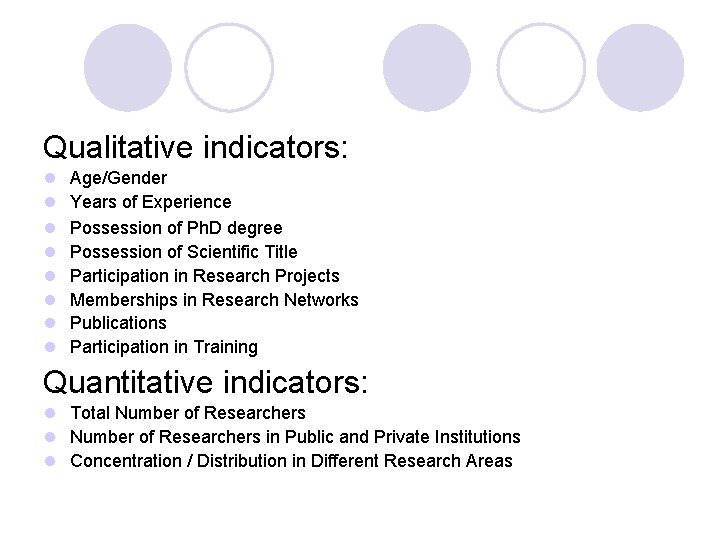 Qualitative indicators: l l l l Age/Gender Years of Experience Possession of Ph. D