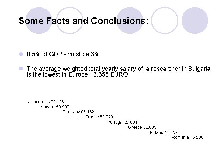 Some Facts and Conclusions: l 0, 5% of GDP - must be 3% l