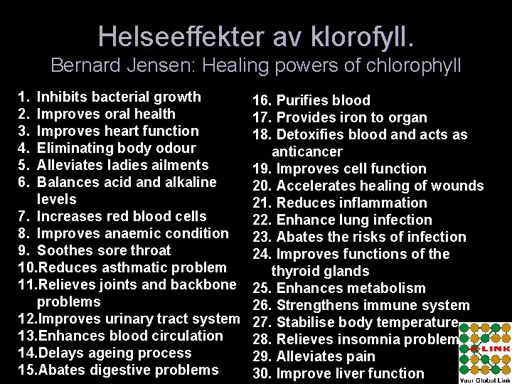 Helseeffekter av klorofyll. Bernard Jensen: Healing powers of chlorophyll 1. 2. 3. 4. 5.