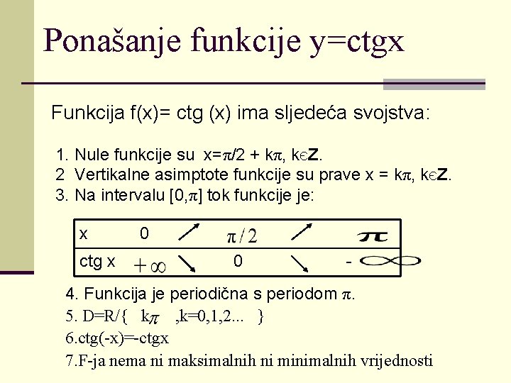 Ponašanje funkcije y=ctgx Funkcija f(x)= ctg (x) ima sljedeća svojstva: 1. Nule funkcije su