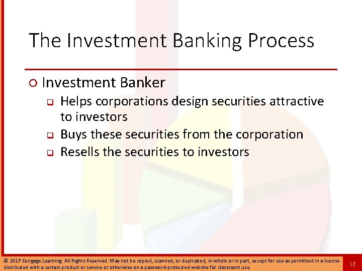 The Investment Banking Process ○ Investment Banker q q q Helps corporations design securities