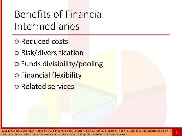 Benefits of Financial Intermediaries ○ Reduced costs ○ Risk/diversification ○ Funds divisibility/pooling ○ Financial