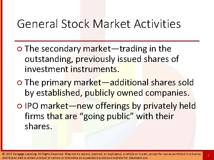 General Stock Market Activities ○ The secondary market—trading in the outstanding, previously issued shares