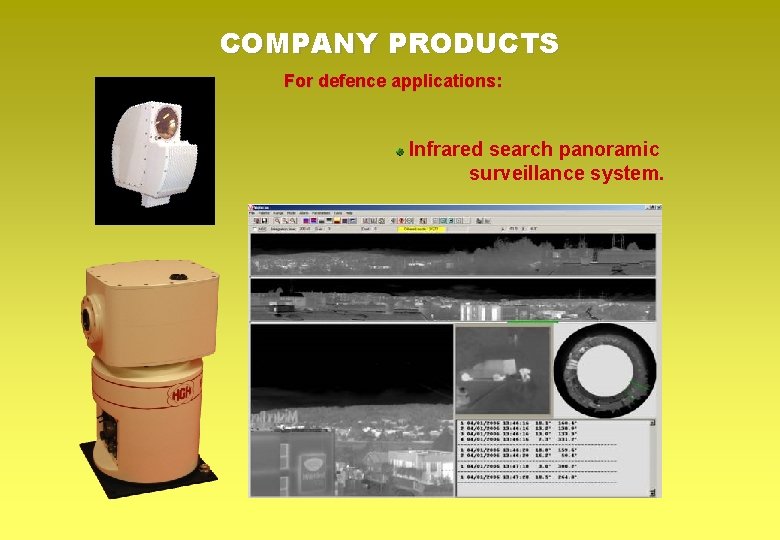COMPANY PRODUCTS For defence applications: Infrared search panoramic surveillance system. 