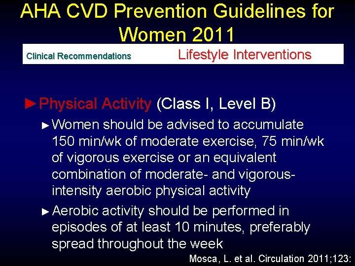 AHA CVD Prevention Guidelines for Women 2011 Clinical Recommendations Lifestyle Interventions ►Physical Activity (Class