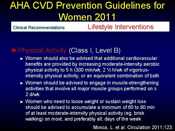 AHA CVD Prevention Guidelines for Women 2011 Clinical Recommendations Lifestyle Interventions ►Physical Activity (Class
