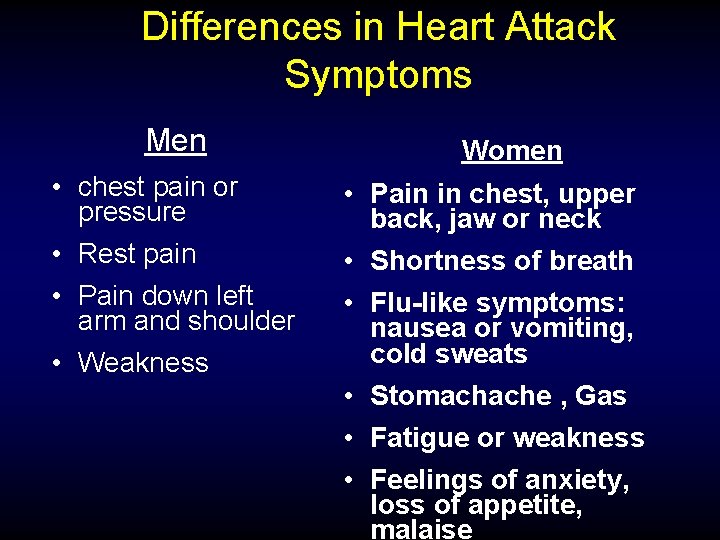 Differences in Heart Attack Symptoms Men • chest pain or pressure • Rest pain