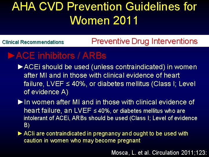 AHA CVD Prevention Guidelines for Women 2011 Clinical Recommendations Preventive Drug Interventions ►ACE inhibitors