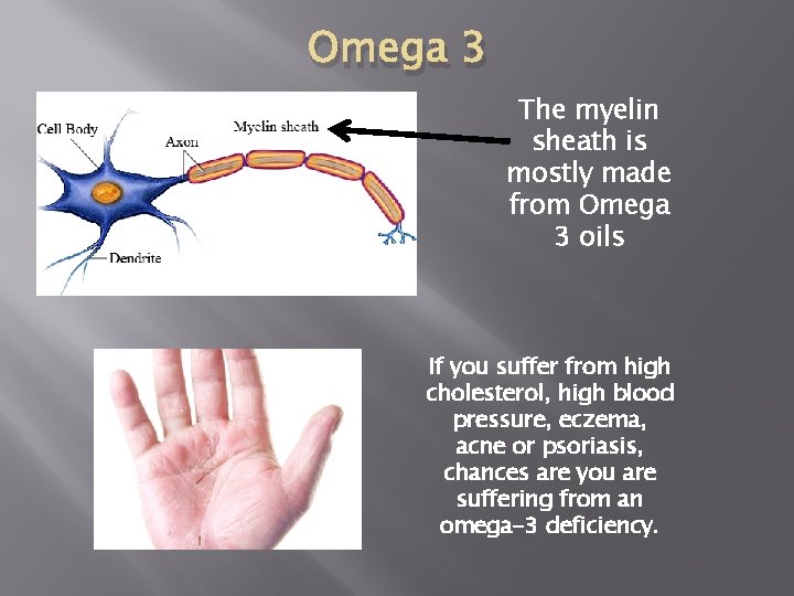 Omega 3 The myelin sheath is mostly made from Omega 3 oils If you