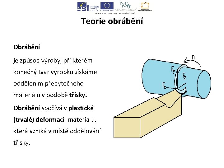 Teorie obrábění Obrábění je způsob výroby, při kterém konečný tvar výrobku získáme oddělením přebytečného