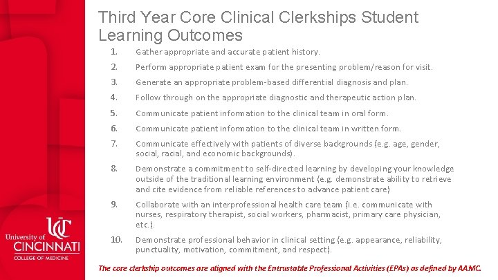 Third Year Core Clinical Clerkships Student Learning Outcomes 1. Gather appropriate and accurate patient