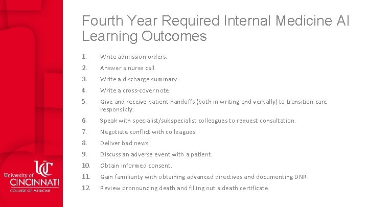 Fourth Year Required Internal Medicine AI Learning Outcomes 1. Write admission orders. 2. Answer