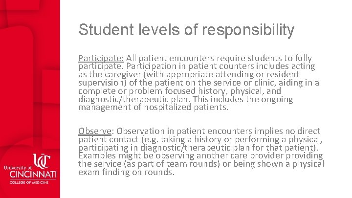 Student levels of responsibility Participate: All patient encounters require students to fully participate. Participation