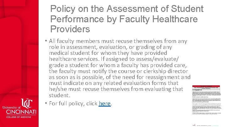 Policy on the Assessment of Student Performance by Faculty Healthcare Providers • All faculty