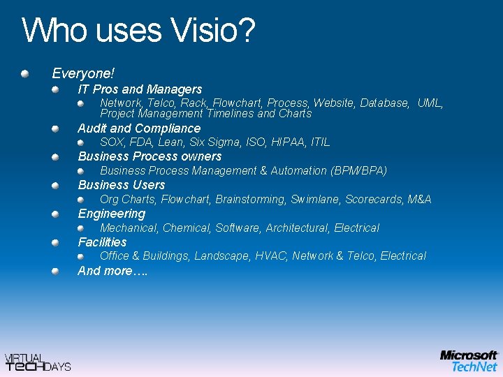 Who uses Visio? Everyone! IT Pros and Managers Network, Telco, Rack, Flowchart, Process, Website,