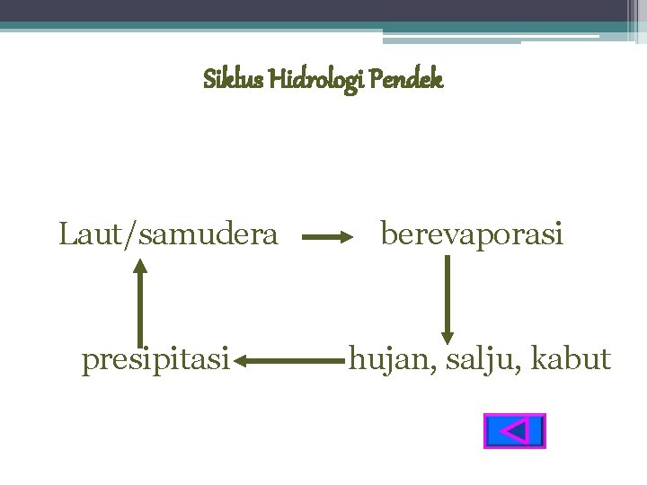 Siklus Hidrologi Pendek Laut/samudera presipitasi berevaporasi hujan, salju, kabut 