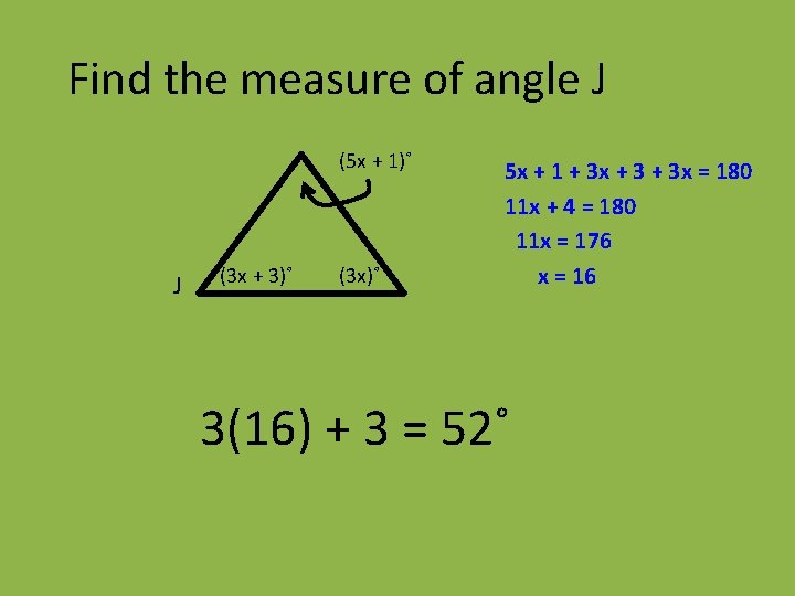 Find the measure of angle J (5 x + 1)˚ J (3 x +