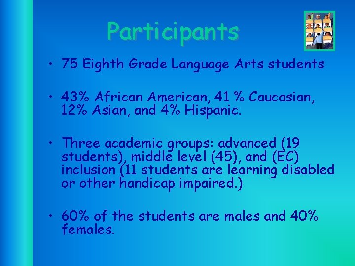 Participants • 75 Eighth Grade Language Arts students • 43% African American, 41 %