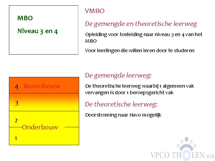 MBO Niveau 3 en 4 VMBO De gemengde en theoretische leerweg Opleiding voor toeleiding