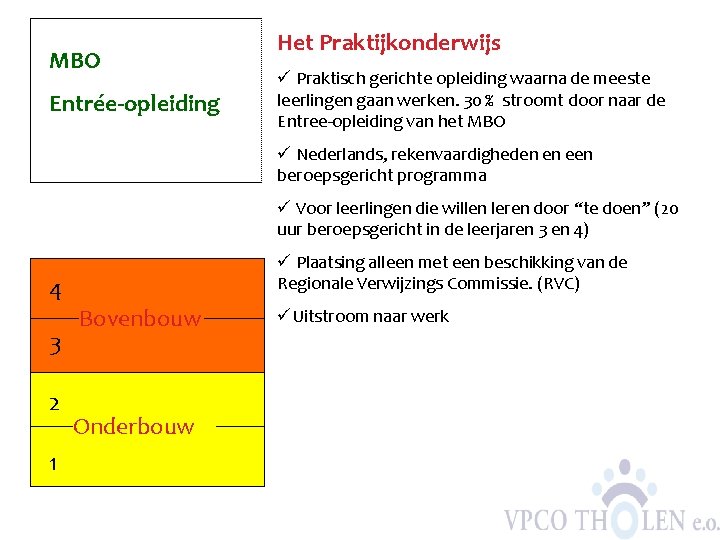 MBO Entrée-opleiding Het Praktijkonderwijs ü Praktisch gerichte opleiding waarna de meeste leerlingen gaan werken.