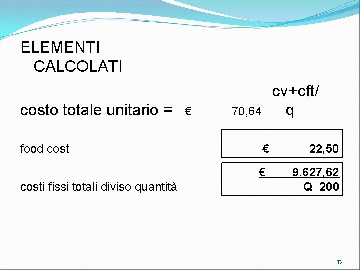 ELEMENTI CALCOLATI costo totale unitario = food costi fissi totali diviso quantità € cv+cft/