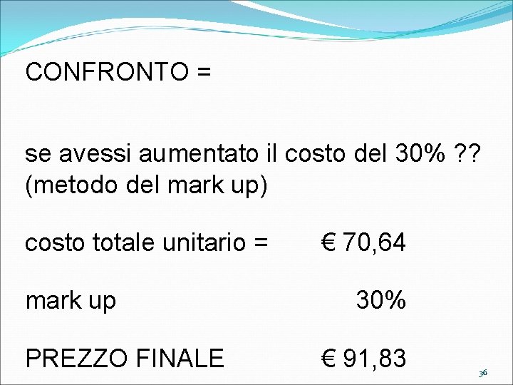 CONFRONTO = se avessi aumentato il costo del 30% ? ? (metodo del mark