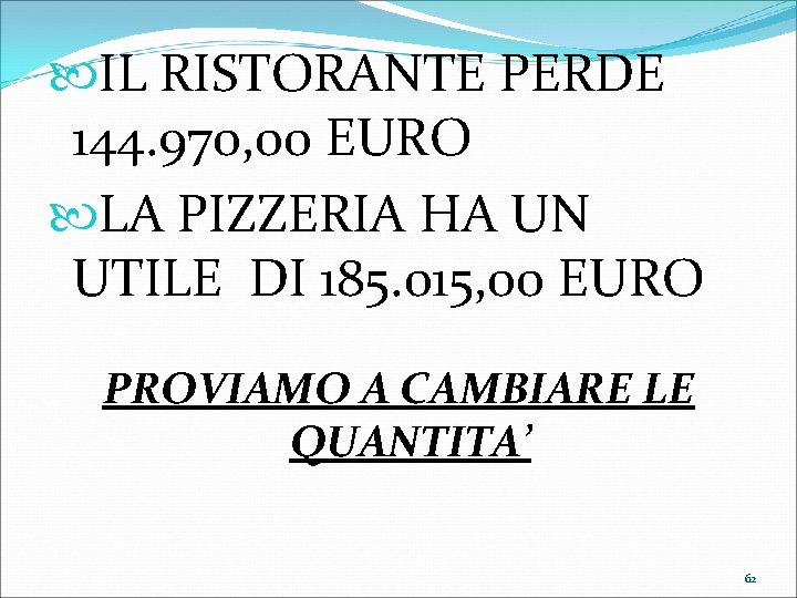  IL RISTORANTE PERDE 144. 970, 00 EURO LA PIZZERIA HA UN UTILE DI