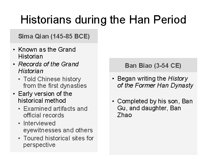 Historians during the Han Period Sima Qian (145 -85 BCE) • Known as the