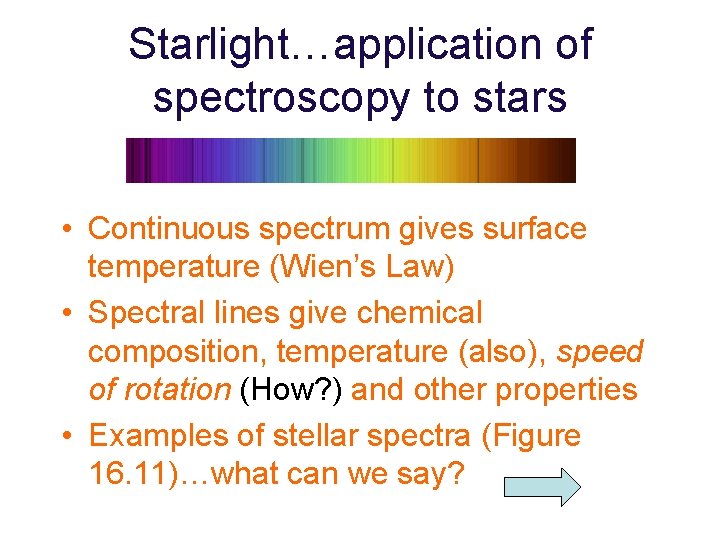 Starlight…application of spectroscopy to stars • Continuous spectrum gives surface temperature (Wien’s Law) •