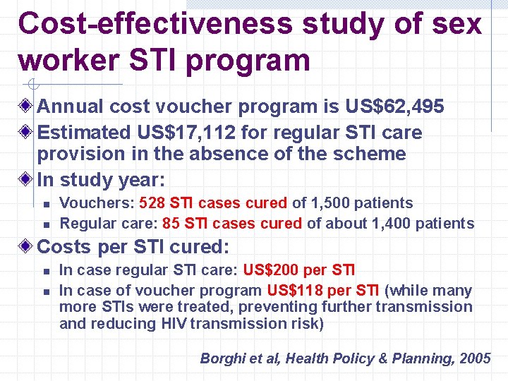 Cost-effectiveness study of sex worker STI program Annual cost voucher program is US$62, 495