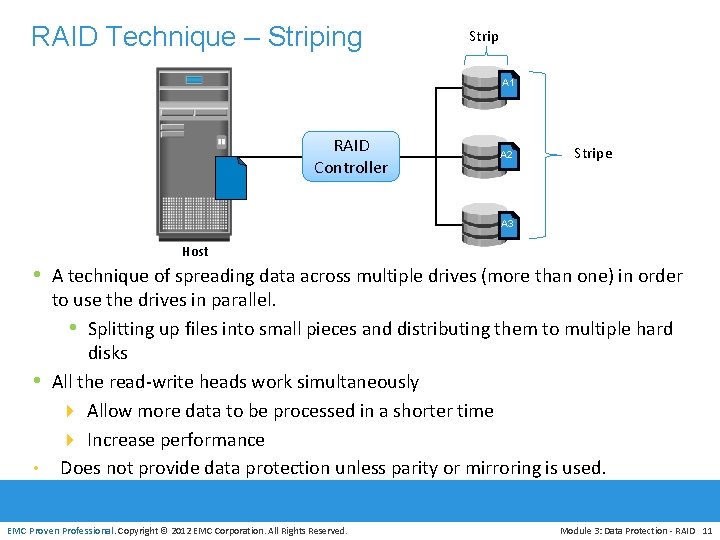 RAID Technique – Striping Strip A 1 RAID Controller A 2 Stripe A 3