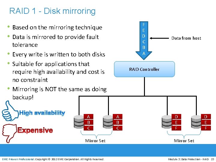 RAID 1 - Disk mirroring F E D C B A • Based on