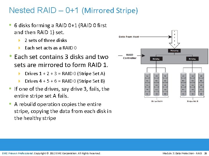 Nested RAID – 0+1 (Mirrored Stripe) • 6 disks forming a RAID 0+1 (RAID