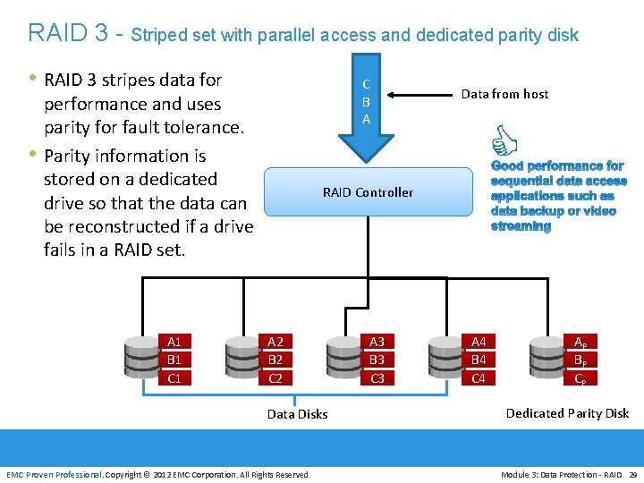 RAID 3 - Striped set with parallel access and dedicated parity disk • RAID