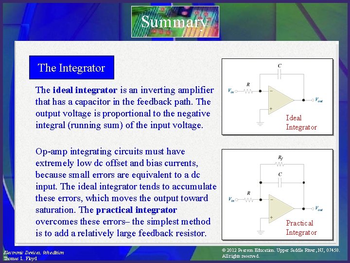 Summary The Integrator The ideal integrator is an inverting amplifier that has a capacitor