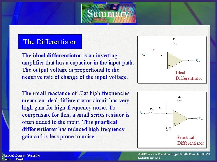 Summary The Differentiator The ideal differentiator is an inverting amplifier that has a capacitor