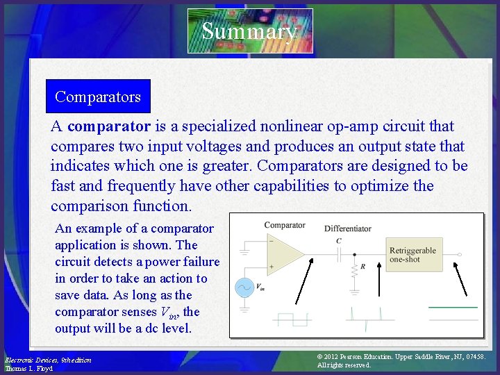 Summary Comparators A comparator is a specialized nonlinear op-amp circuit that compares two input