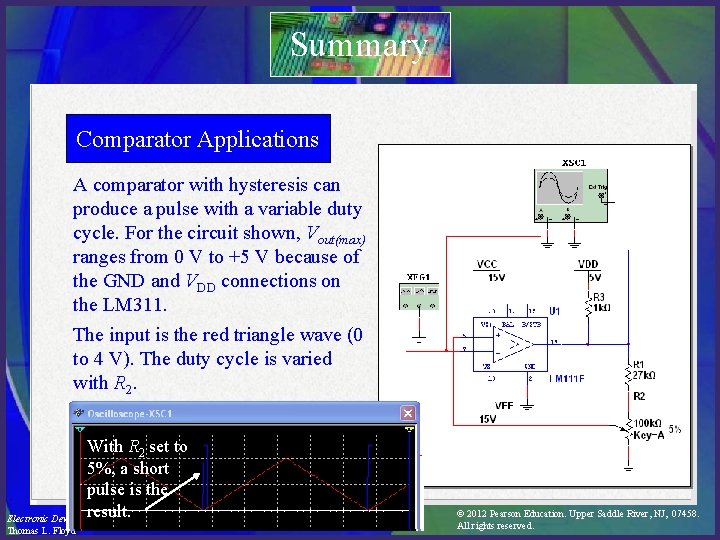 Summary Comparator Applications A comparator with hysteresis can produce a pulse with a variable