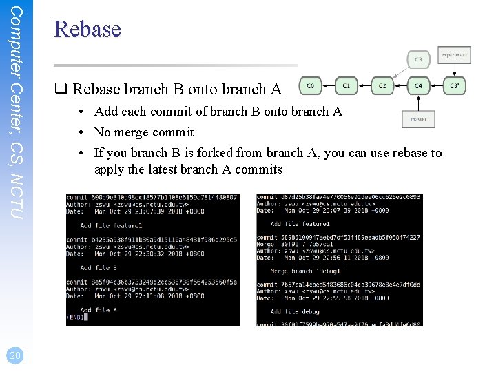 Computer Center, CS, NCTU 20 Rebase q Rebase branch B onto branch A •