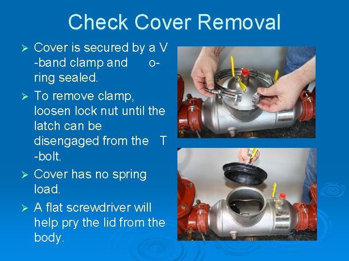 Check Cover Removal Cover is secured by a V -band clamp and oring sealed.