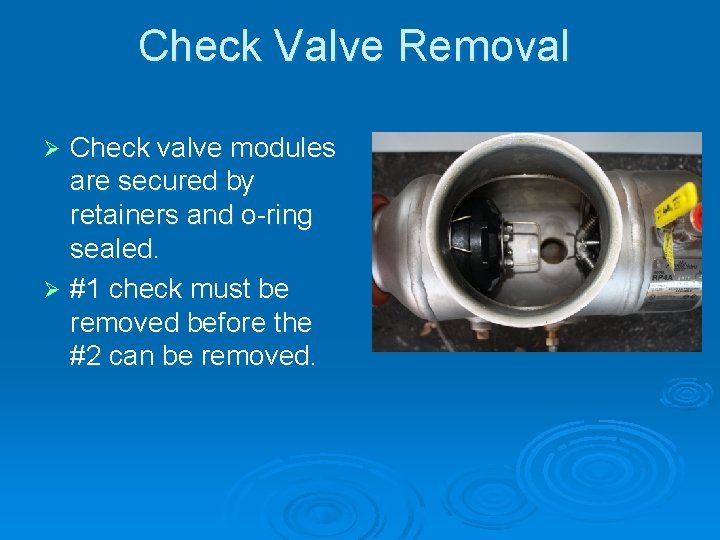 Check Valve Removal Check valve modules are secured by retainers and o-ring sealed. Ø