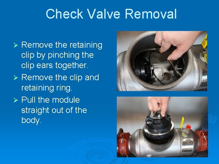 Check Valve Removal Remove the retaining clip by pinching the clip ears together. Ø